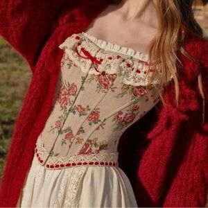 Vintage Floral Corset with Red Lace Trim NWOT